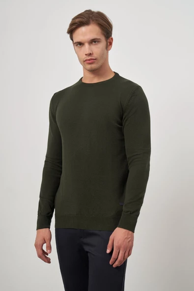 Koyu Haki Uzun Kol Düz Örme Bisiklet Yaka Classic Comfort Fit Triko 1012245006 - 3