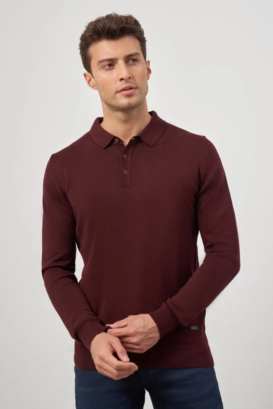 Bordo Uzun Kol Düz Örme Polo Yaka Classic Comfort Fit Triko 1012245007