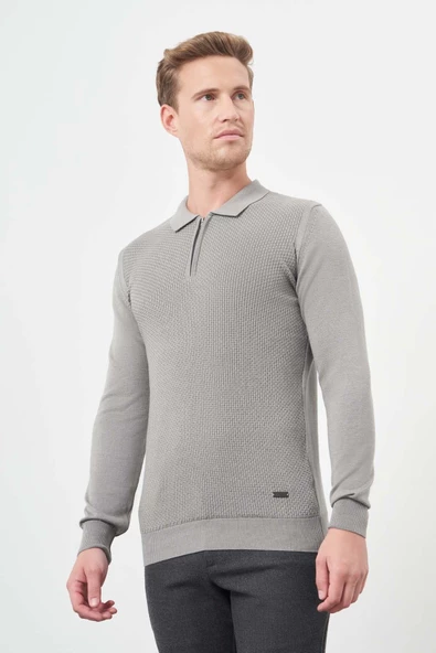 Gri Uzun Kol Kendinden Desenli Örme Polo Yaka Classic Comfort Fit Triko 1012245156 - Resim 3