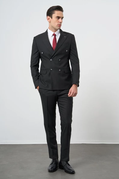 Siyah Bez Ayağı Kılıç Yaka Tam Astar Esnek 6 Drop Slim Fit Classic Takım Elbise 1001245173 - Resim 2