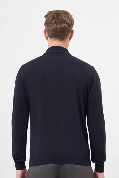 Koyu Lacivert Uzun Kol Kendinden Örme Yarım Balıkçı Yaka Classic Comfort Fit Triko 1012245157 - Resim 5