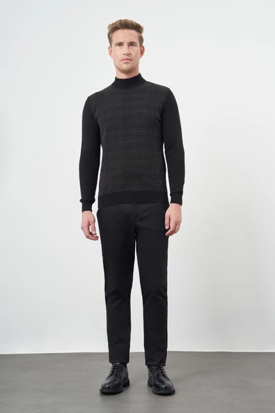 Siyah Uzun Kol Kendinden Desenli Örme Yarım Balıkçı Yaka Classic Comfort Fit Triko 1012245158 - Resim 2