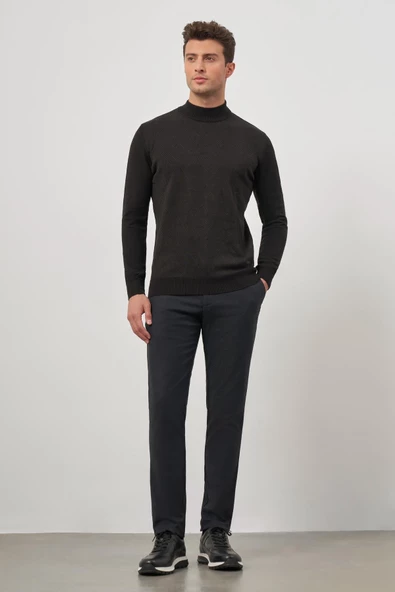 Siyah Uzun Kol Kendinden Desenli Örme Yarım Balıkçı Yaka Classic Comfort Fit Triko 1012245159 - 2