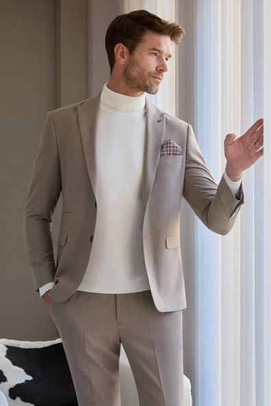 Koyu Vizon Çizgili Mono Yaka Astarlı 6 Drop Slim Fit Dar Kesim Takım Elbise 1001245106 - 2