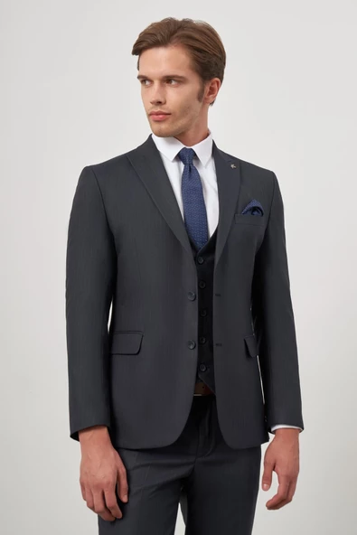 Koyu Lacivert Kılıç Yaka Yelekli 6 Drop Slim Fit Classic Takım Elbise 1001245154 - 5