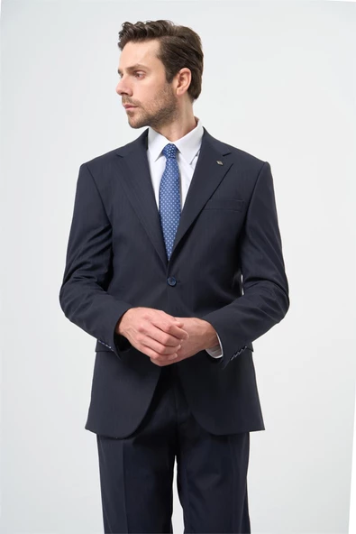 Lacivert Çizgili Mono Yaka Astarlı 6 Drop Slim Fit Dar Kesim Takım Elbise 1001245102 - 5