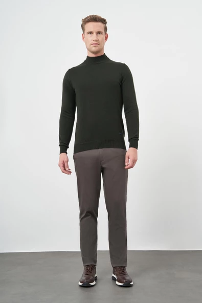 Koyu Haki Uzun Kol Düz Örme Yarım Balıkçı Yaka Classic Comfort Fit Triko 1012245001 - Resim 2