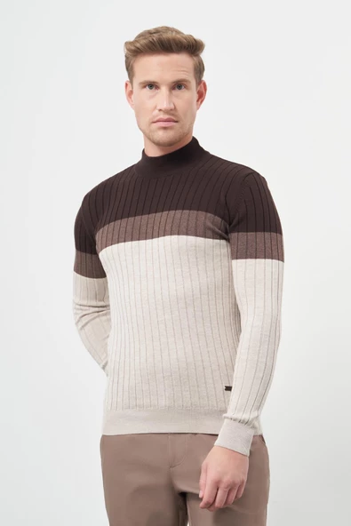 Açık Bej Uzun Kol Kendinden Desenli Örme Yarım Balıkçı Yaka Classic Slim Fit Triko 1012245154 - Resim 3