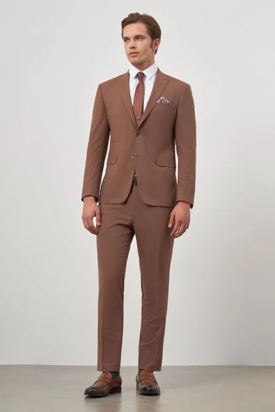 Taba Çizgili Mono Yaka Astarlı 6 Drop Slim Fit Dar Kesim Takım Elbise 1001245106 - 6