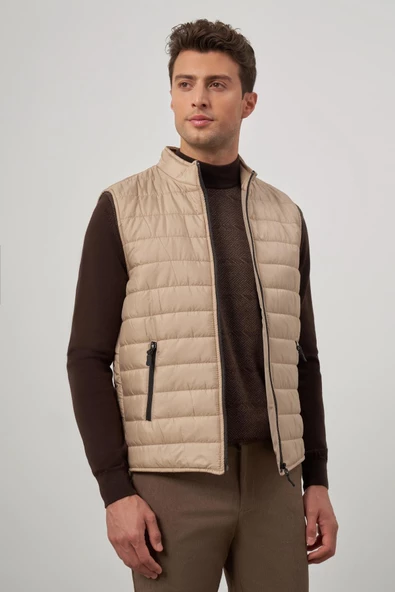 Bej Kapitone Dik Yaka Düz Garnisiz-Biyesiz Slim Fit Yelek 1009245150 - 5
