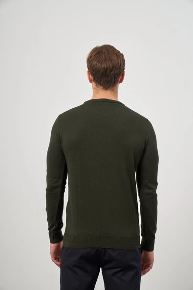 Koyu Haki Uzun Kol Düz Örme Bisiklet Yaka Classic Comfort Fit Triko 1012245006 - 7