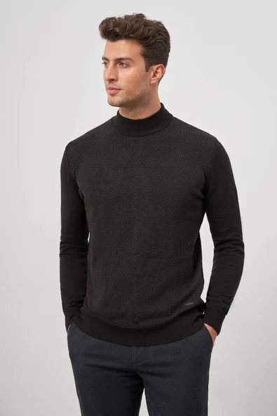 Siyah Uzun Kol Kendinden Desenli Örme Yarım Balıkçı Yaka Classic Comfort Fit Triko 1012245159 - 3