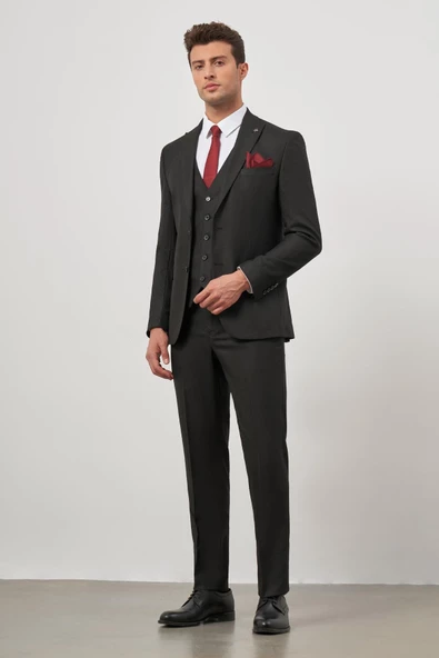 Siyah Kılıç Yaka Yelekli 6 Drop Slim Fit Classic Takım Elbise 1001245153 - 2