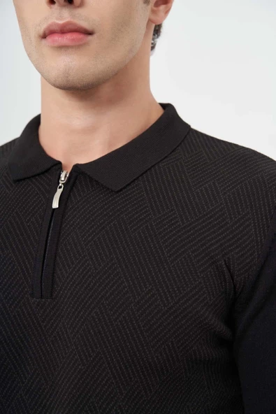 Siyah Uzun Kol Kendinden Desenli Örme Polo Yaka Classic Comfort Fit Triko 1012245160 - 4