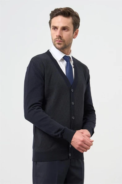 Koyu Lacivert Uzun Kol Kendinden Desenli Örme V Yaka Classic Comfort Fit Triko 1012245161 - Resim 6