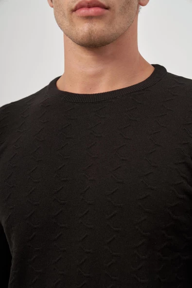 Siyah Uzun Kol Kendinden Desenli Örme Bisiklet Yaka Classic Comfort Fit Triko 1012245155 - Resim 6