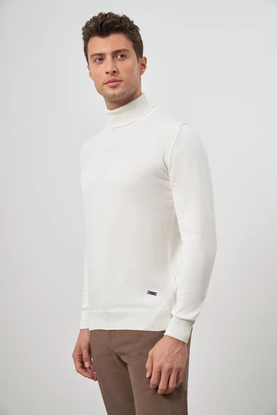 Açık Krem Uzun Kol Düz Örme Tam Balıkçı Yaka Classic Comfort Fit Triko 1012245004 - Resim 3