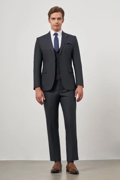 Koyu Lacivert Kılıç Yaka Yelekli 6 Drop Slim Fit Classic Takım Elbise 1001245154 - 2