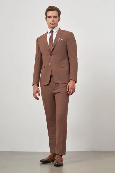 Taba Çizgili Mono Yaka Astarlı 6 Drop Slim Fit Dar Kesim Takım Elbise 1001245106 - 4