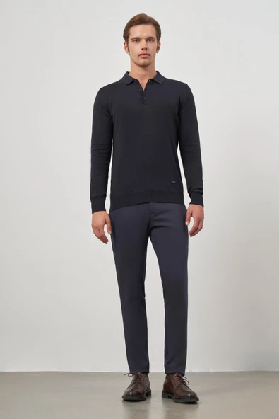 Koyu Lacivert Uzun Kol Düz Örme Polo Yaka Classic Comfort Fit Triko 1012245007 - 2