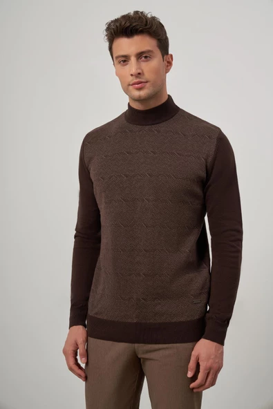Koyu Kahverengi Uzun Kol Kendinden Örme Yarım Balıkçı Yaka Classic Comfort Fit Triko 1012245152