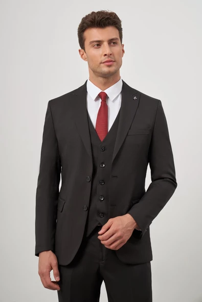 Siyah Kılıç Yaka Yelekli 6 Drop Slim Fit Classic Takım Elbise 1001245152