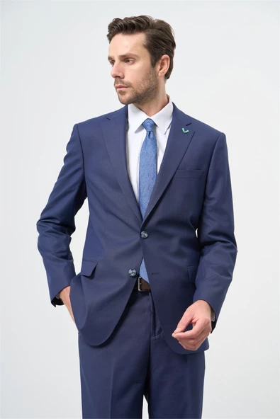 Lacivert Mono Yaka Yünlü Likralı 6 Drop Comfort Fit Rahat Kesim Klasik Takım Elbise 1001235904