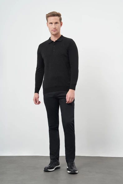 Siyah Uzun Kol Kendinden Desenli Örme Polo Yaka Classic Comfort Fit Triko 1012245162 - 3