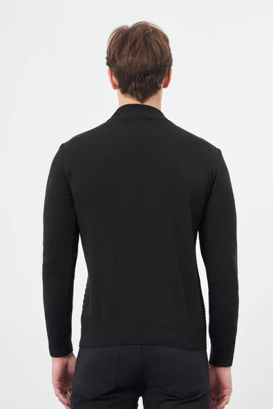 Siyah Uzun Kol Kendinden Desenli Örme Yarım Balıkçı Yaka Classic Comfort Fit Triko 1012245157 - 5