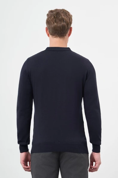 Koyu Lacivert Uzun Kol Kendinden Desenli Örme Polo Yaka Classic Comfort Fit Triko 1012245156 - Resim 5