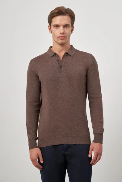 Sütlü Kahverengi Uzun Kol Düz Örme Polo Yaka Classic Comfort Fit Triko 1012245007 - 5