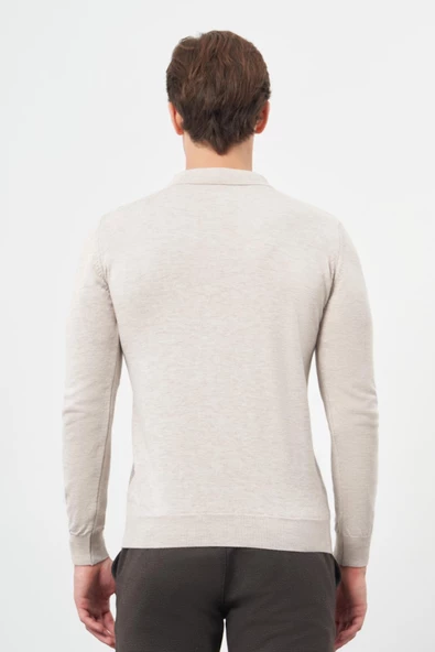 Bej Uzun Kol Kendinden Desenli Örme Polo Yaka Classic Comfort Fit Triko 1012245160 - 5