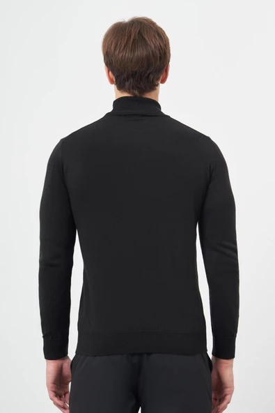 Siyah Uzun Kol Düz Örme Tam Balıkçı Yaka Classic Comfort Fit Triko 1012245004 - Resim 5