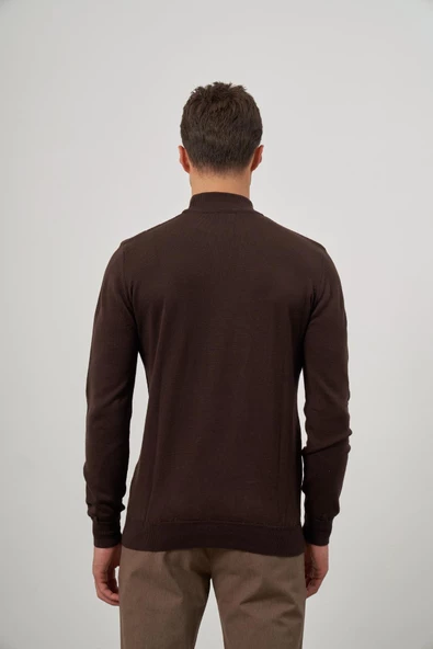 Koyu Kahverengi Uzun Kol Kendinden Örme Yarım Balıkçı Yaka Classic Comfort Fit Triko 1012245152 - Resim 7