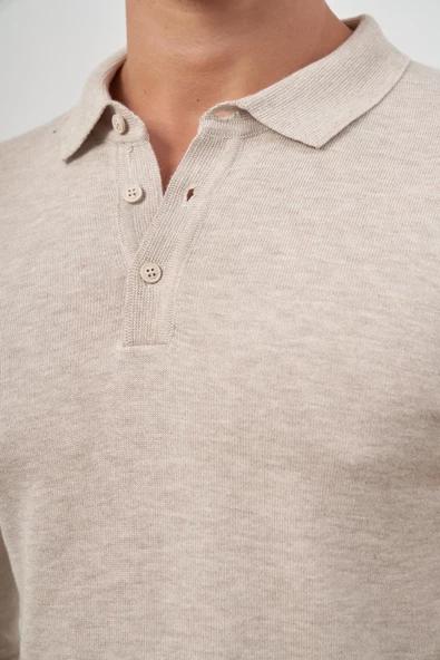 Açık Bej Uzun Kol Düz Örme Polo Yaka Classic Comfort Fit Triko 1012245007 - 6