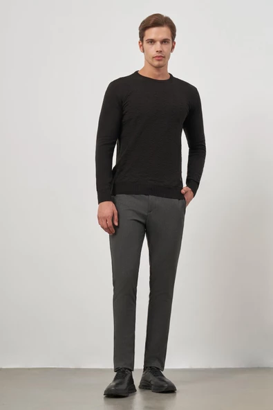 Siyah Uzun Kol Kendinden Desenli Örme Bisiklet Yaka Classic Comfort Fit Triko 1012245155 - Resim 2