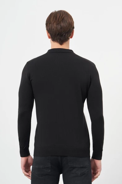 Siyah Uzun Kol Kendinden Desenli Örme Polo Yaka Classic Comfort Fit Triko 1012245160 - 5
