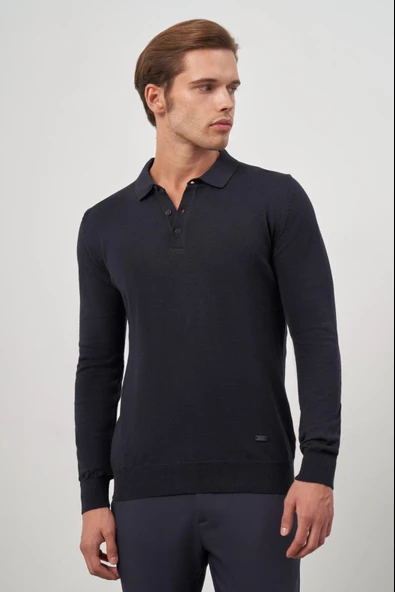Koyu Lacivert Uzun Kol Düz Örme Polo Yaka Classic Comfort Fit Triko 1012245007 - 3
