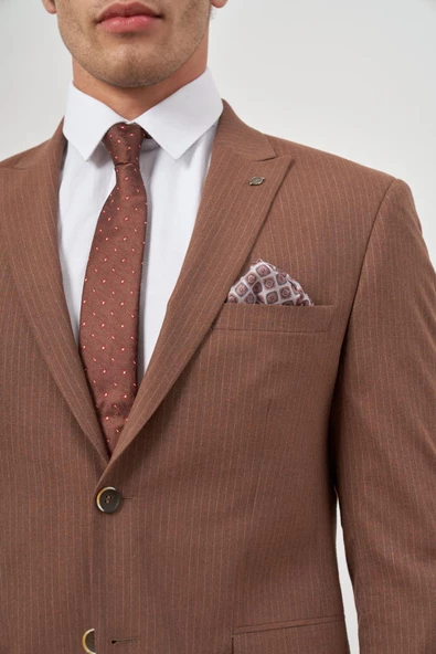 Taba Çizgili Mono Yaka Astarlı 6 Drop Slim Fit Dar Kesim Takım Elbise 1001245106 - 8