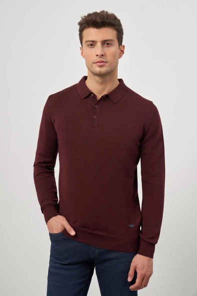 Bordo Uzun Kol Düz Örme Polo Yaka Classic Comfort Fit Triko 1012245007 - 4