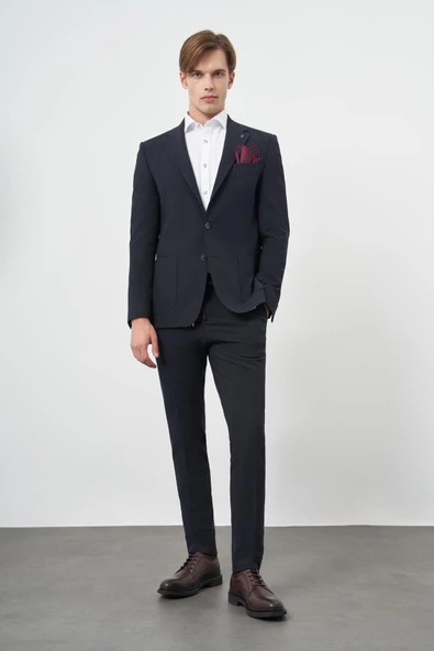 Koyu Lacivert Örme Mono Yaka Yarım Astar Esnek 6 Drop Slim Fit Classic Takım Elbise 1001245174 - Resim 2