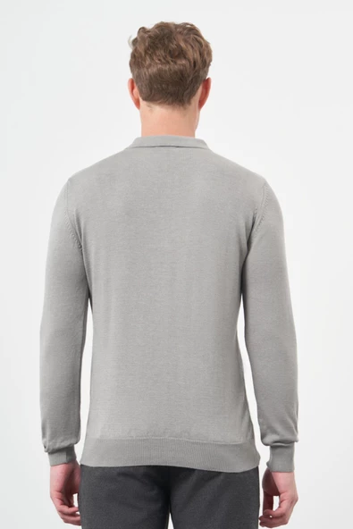 Gri Uzun Kol Kendinden Desenli Örme Polo Yaka Classic Comfort Fit Triko 1012245156 - Resim 5
