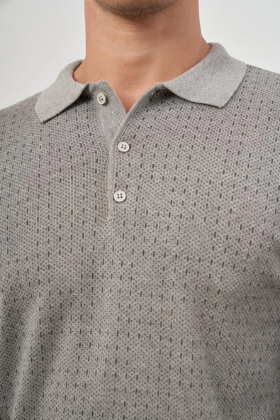 Taş Rengi Uzun Kol Kendinden Desenli Örme Polo Yaka Classic Comfort Fit Triko 1012245162 - 6
