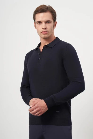 Koyu Lacivert Uzun Kol Düz Örme Polo Yaka Classic Comfort Fit Triko 1012245007 - 5