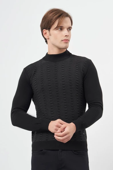 Siyah Uzun Kol Kendinden Desenli Örme Yarım Balıkçı Yaka Classic Comfort Fit Triko 1012245157 - 3