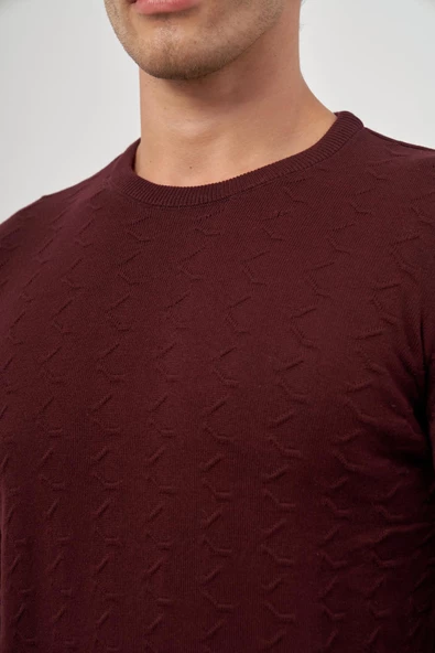 Bordo Uzun Kol Kendinden Desenli Örme Bisiklet Yaka Classic Comfort Fit Triko 1012245155 - Resim 7