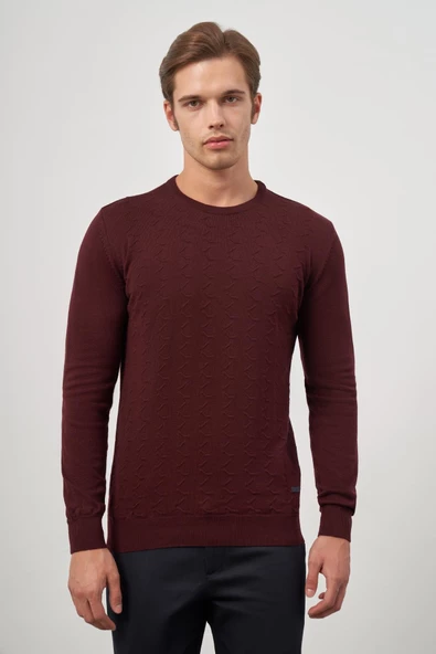 Bordo Uzun Kol Kendinden Desenli Örme Bisiklet Yaka Classic Comfort Fit Triko 1012245155 - Resim 4