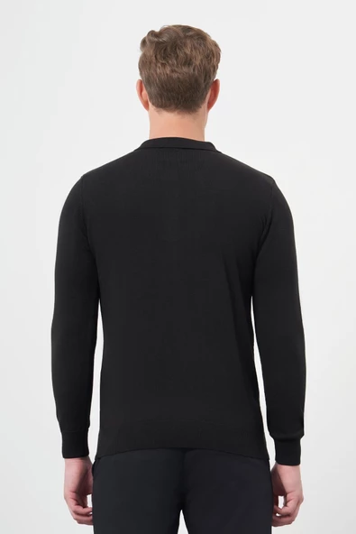 Siyah Uzun Kol Kendinden Desenli Örme Polo Yaka Classic Comfort Fit Triko 1012245162 - 5
