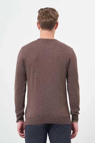 Sütlü Kahverengi Uzun Kol Kendinden Desenli Örme Bisiklet Yaka Classic Slim Fit Triko 1012245200 - 5