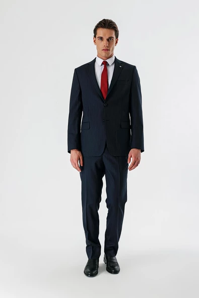 Koyu Lacivert Çizgili Mono Yaka Yünlü Likralı 6 Drop Comfort Rahat Kesim Klasik Takım Elbise 1001235173 - 6